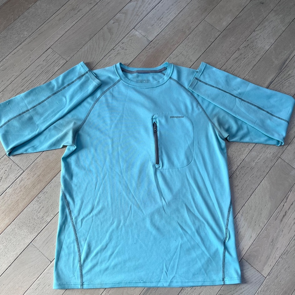 Patagonia Shirt Mens Small Teal Long Sleeve Capilene Zip Pocket Performance